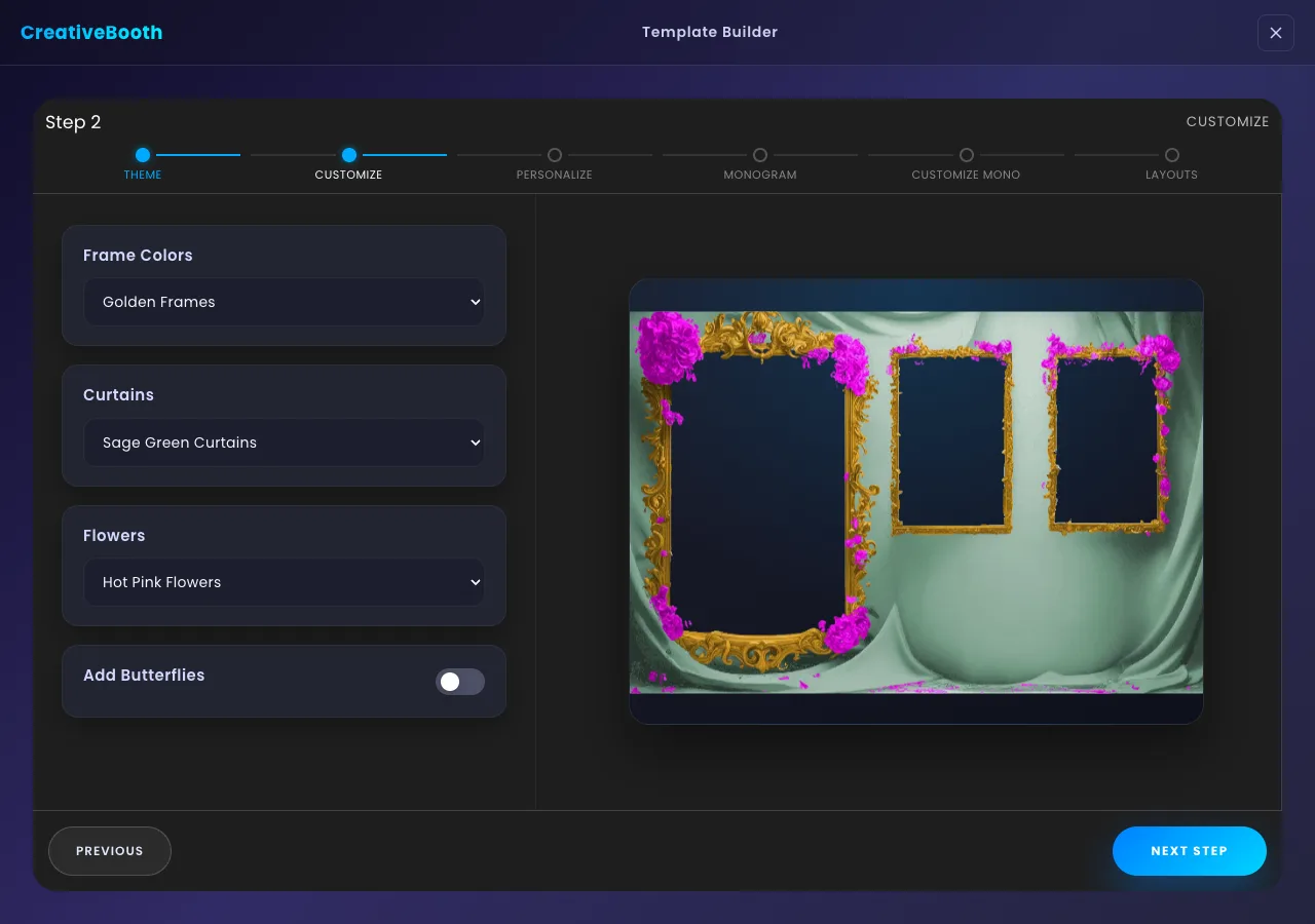 Step 2 with the layered live preview on the left and Frame Colors, Curtains, Flowers and Add Butterflies controls on the right